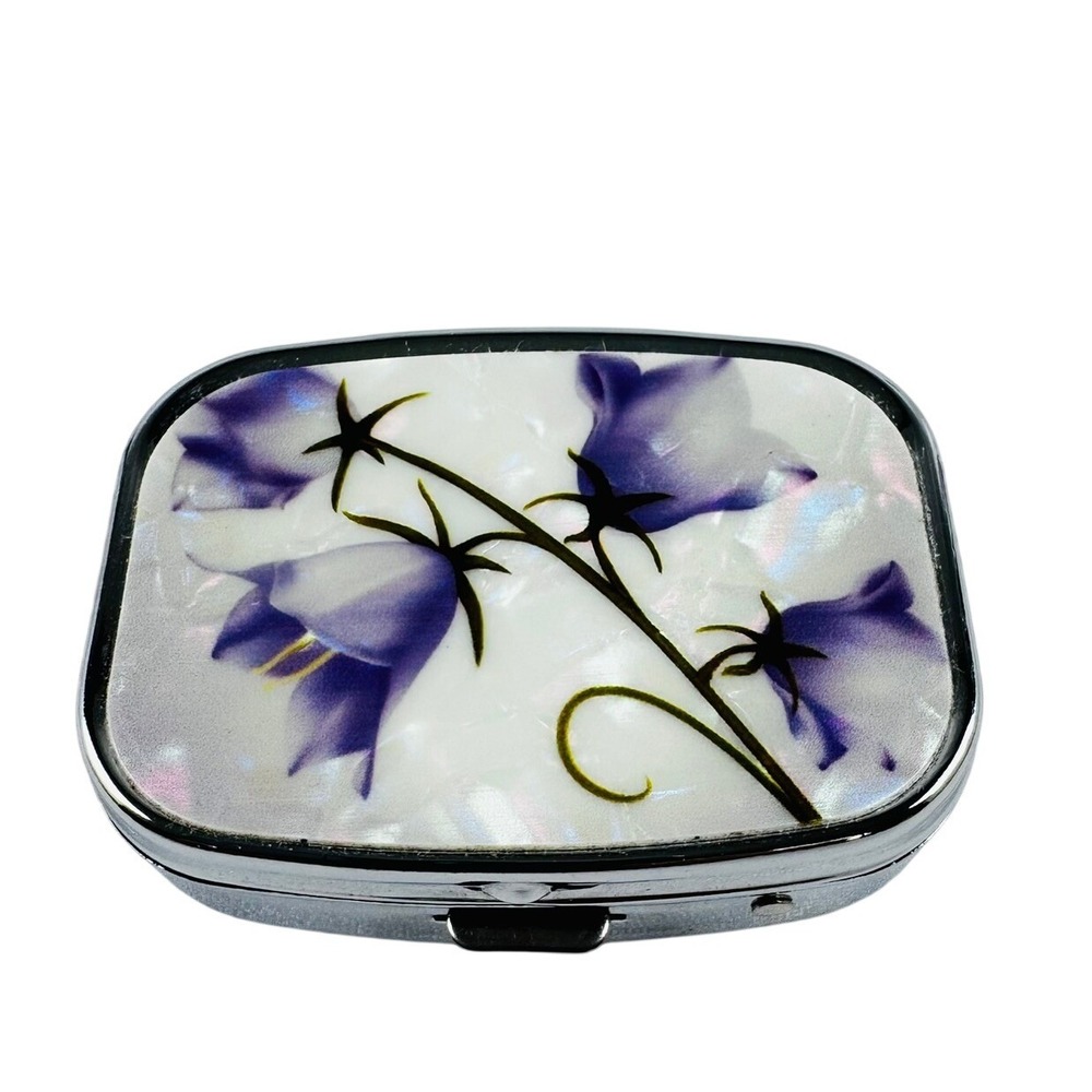 VTG Mother of Pearl Pill Box Rectangular Purple Bellflower Y2K Shabby Chic NICE